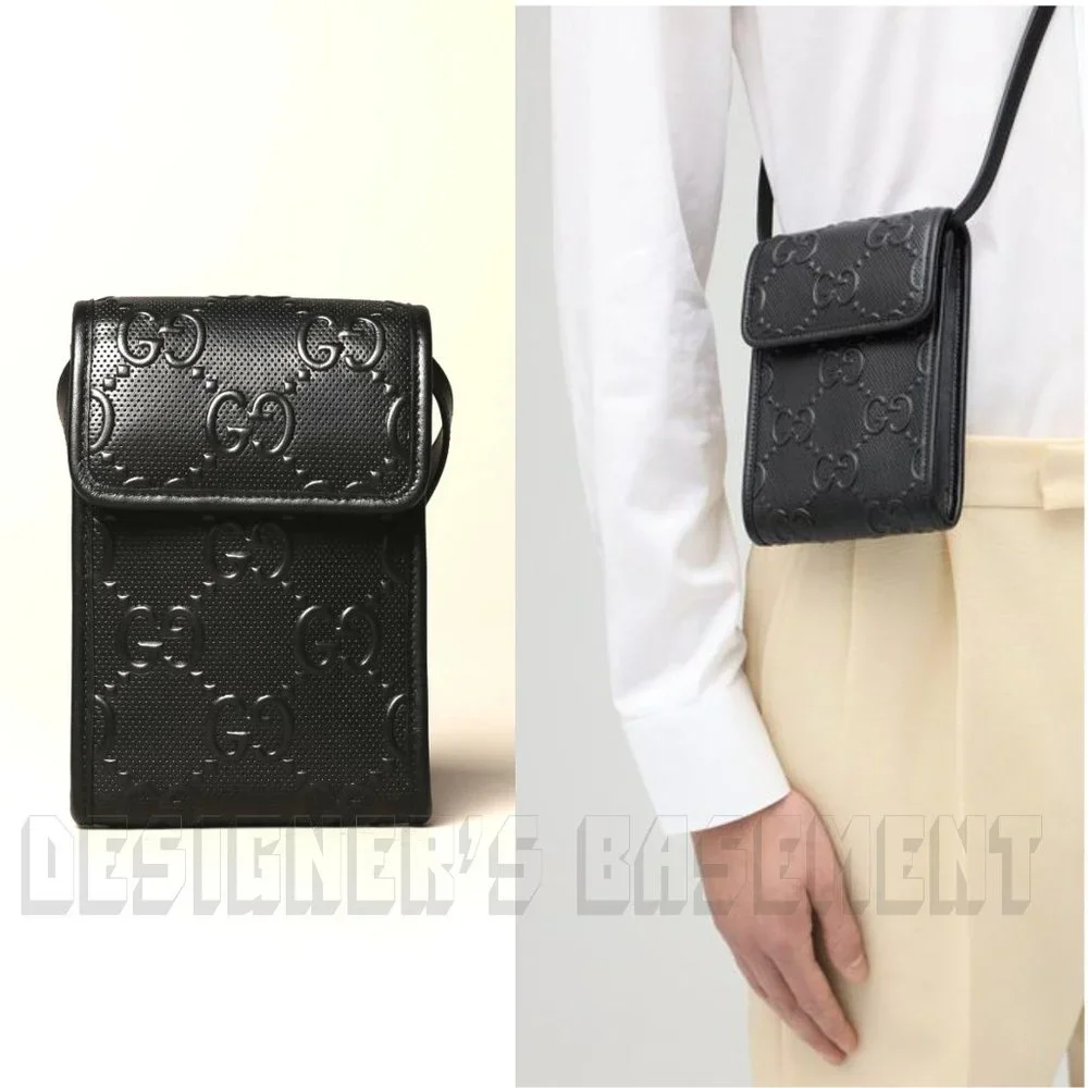 GUCCI black GG TENNIS smooth Perforated GUCCISSIMA Leather CrossBody PHONE bag🎁
